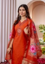 Orange Kurti Set – Embroidered Viscose Silk Kurti Set with Dupatta - Image 4