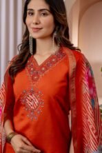 Orange Kurti Set – Embroidered Viscose Silk Kurti Set with Dupatta - Image 2