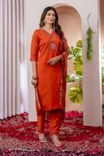 Orange Kurti Set – Embroidered Viscose Silk Kurti Set with Dupatta - Image 5