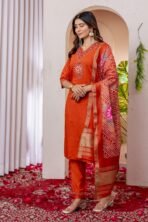 Orange Kurti Set – Embroidered Viscose Silk Kurti Set with Dupatta - Image 6