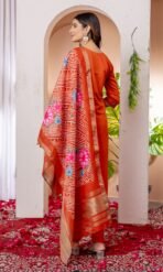 Orange Kurti Set – Embroidered Viscose Silk Kurti Set with Dupatta - Image 3