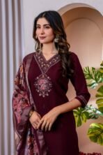 Wine Kurti Set – Embroidered Viscose Silk Kurti Set with Dupatta - Image 2