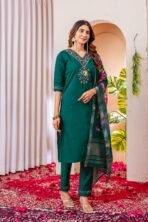 Green Kurti Set – Embroidered Viscose Silk Kurti Set with Dupatta - Image 4