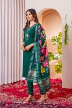 Green Kurti Set – Embroidered Viscose Silk Kurti Set with Dupatta - Image 5
