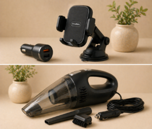 Car accessories including phone holder, car vacuum and cleaning tools displayed on clean background