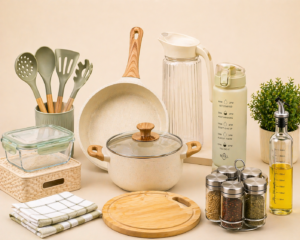 Home and kitchen products including containers, utensils and storage items displayed on clean background