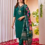 green kurti set with embroidery and dupatta