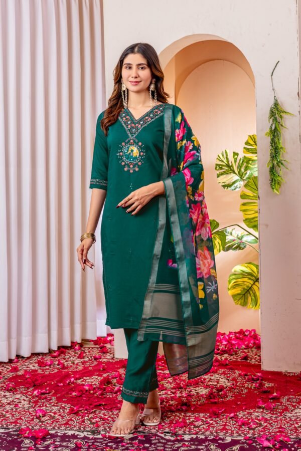 green kurti set with embroidery and dupatta