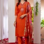 orange kurti set with embroidery and dupatta