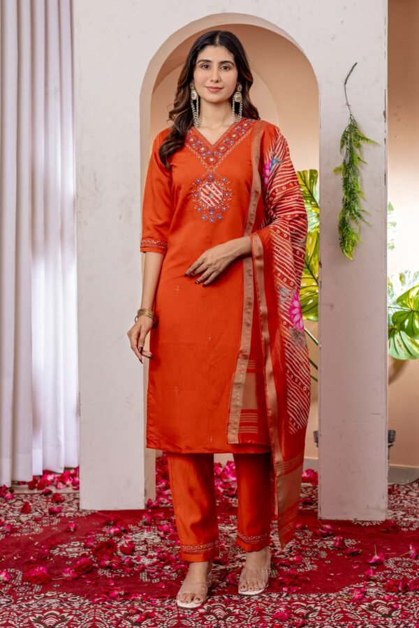 orange kurti set with embroidery and dupatta