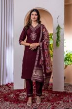 wine kurti set with embroidery and dupatta