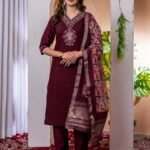 wine kurti set with embroidery and dupatta
