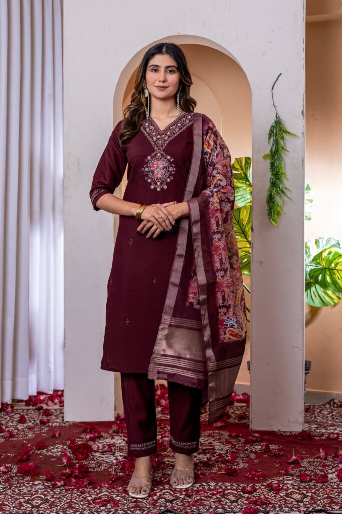 wine kurti set with embroidery and dupatta